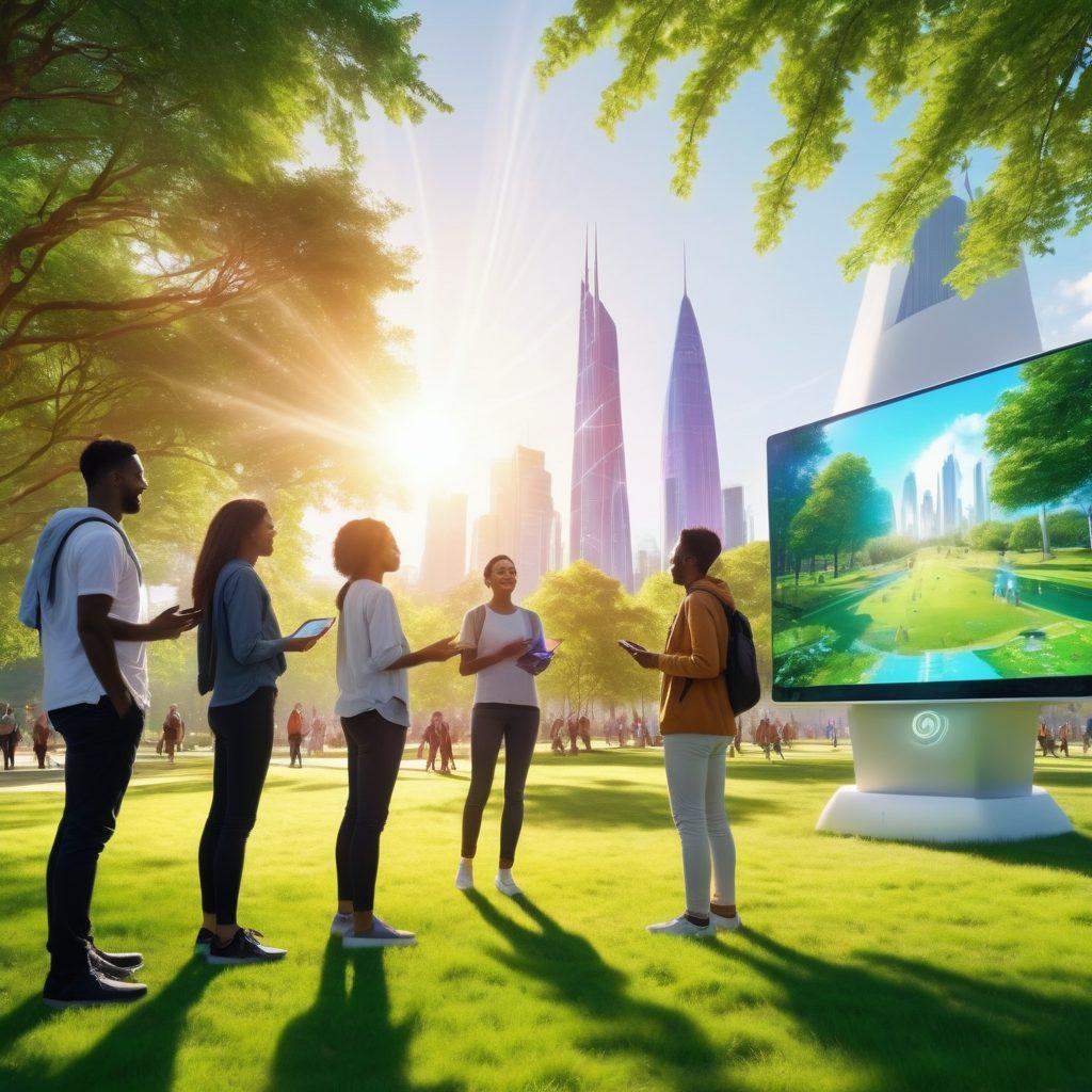 A vibrant scene of diverse people joyfully using advanced sixth generation technology in a lush, green park. They are interacting with holographic displays and augmented reality, showcasing positive change and teamwork. Bright sun rays illuminate the scene, symbolizing hope and innovation. The background features futuristic buildings and nature harmoniously coexisting. super-realistic. vibrant colors. white background.