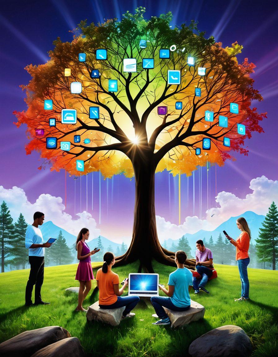 A serene landscape depicting a harmonious blend of technology and nature, showcasing a diverse group of happy customers engaging with digital devices. A glowing digital interface above their heads symbolizes elevated satisfaction and success. Bright colors, light rays filtering through a digital tree, and elements of innovation swirl around to enhance the scene. vibrant colors. super-realistic.