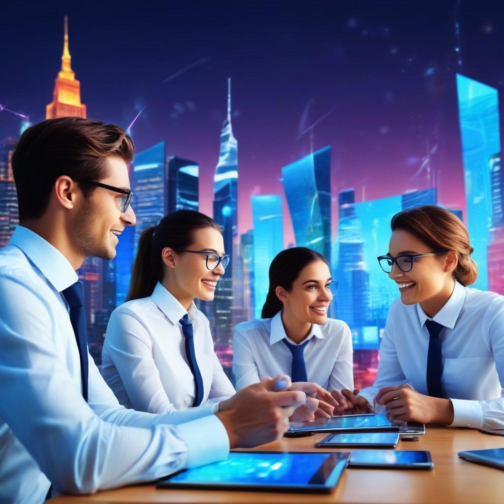 A surreal landscape showcasing futuristic technology seamlessly integrated into a joyful business environment. Picture a group of diverse professionals collaborating around advanced digital screens, with glowing graphs and innovative gadgets around them, symbolizing positive change. The atmosphere radiates happiness, with vibrant colors and light beams emphasizing the uplifting mood. Futuristic city skyline in the background under a bright blue sky. focus on emotions and inspiration. super-realistic. vibrant colors.